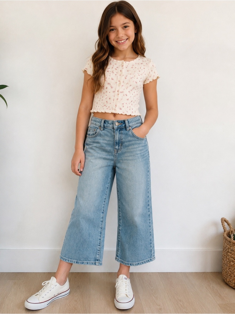 Girls' Light Wash Wide Leg Jeans - Blue